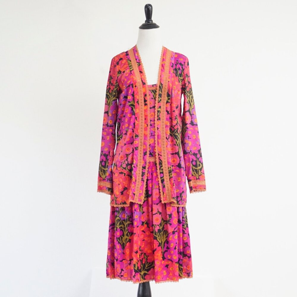 Vintage Ken Scott IMEC Colorful Print 2 Piece Dress and Jacket Set XS/S